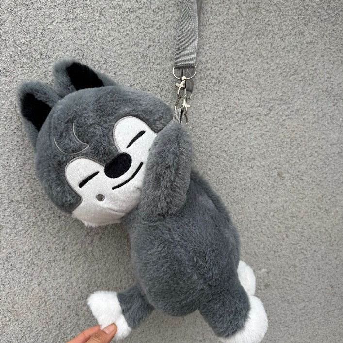 K-pop fandom collectible – Stray Kids inspired,for stay， fan-made unofficial animal character plush crossbody bag for STAY, kpop character inspired merch and kpop plush sling bag style.