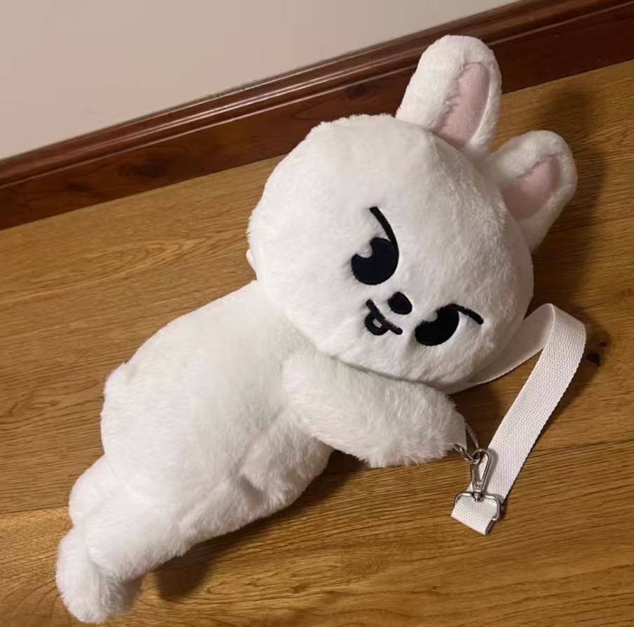 K-pop fandom collectible – Stray Kids inspired,for stay， fan-made unofficial animal character plush crossbody bag for STAY, kpop character inspired merch and kpop plush sling bag style.